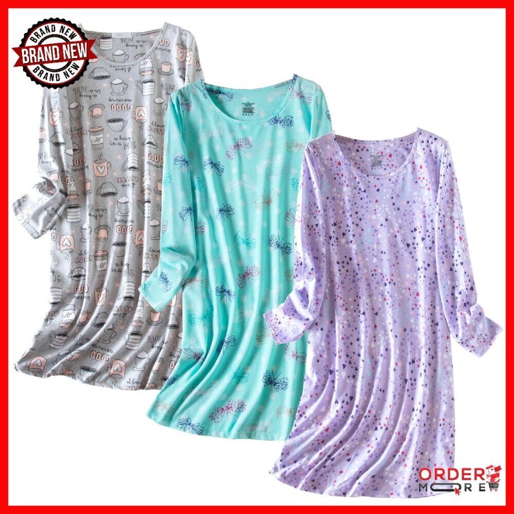 3 Pack Cotton Nightgowns Long Sleeve Loose Sleepwear Women's Comfy